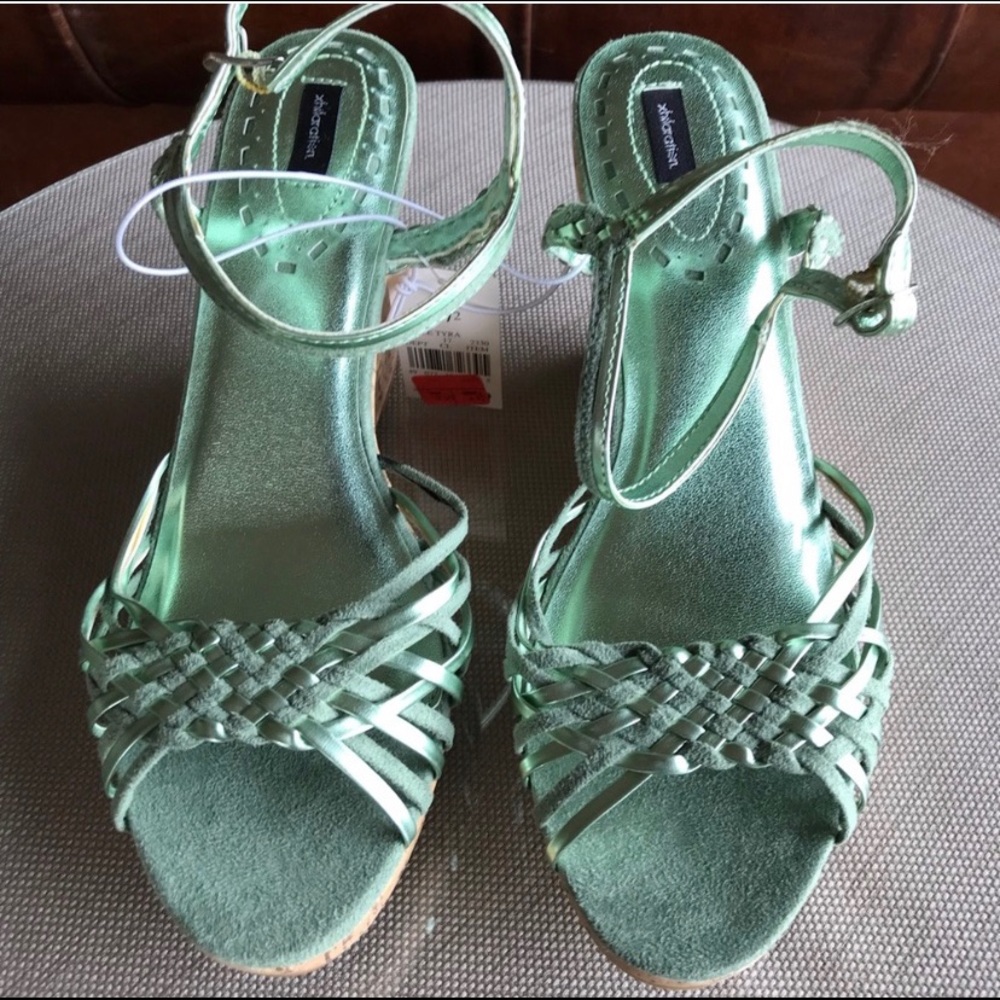 Green metallic and suede wedges.